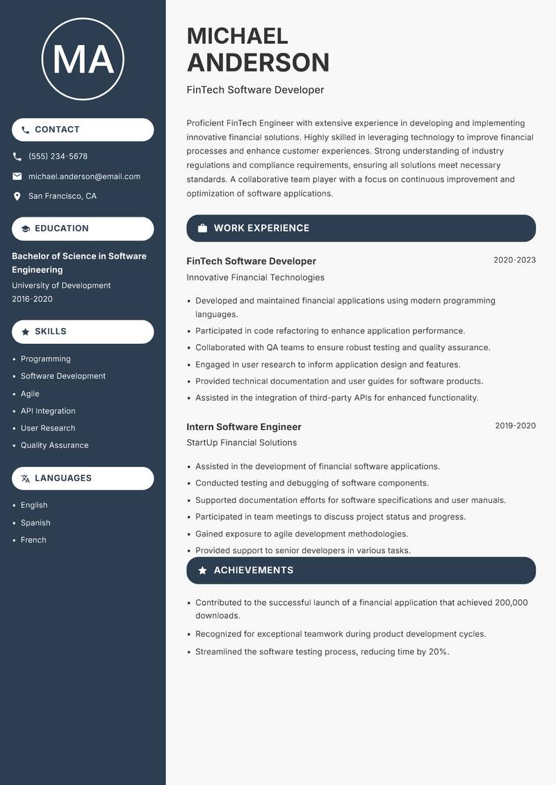 FinTech Engineer Resume Preview Example