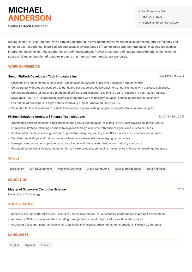 FinTech Engineer Resume Template