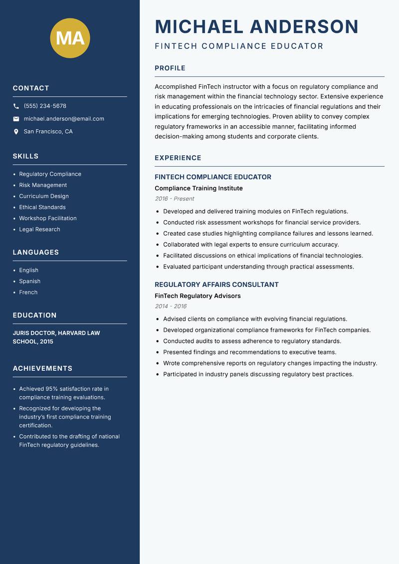 FinTech Instructor Resume Preview Example