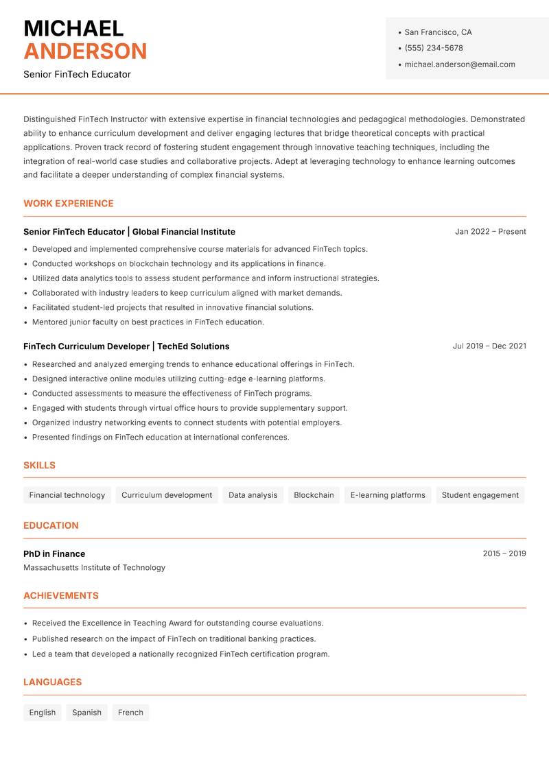 FinTech Instructor Resume Template