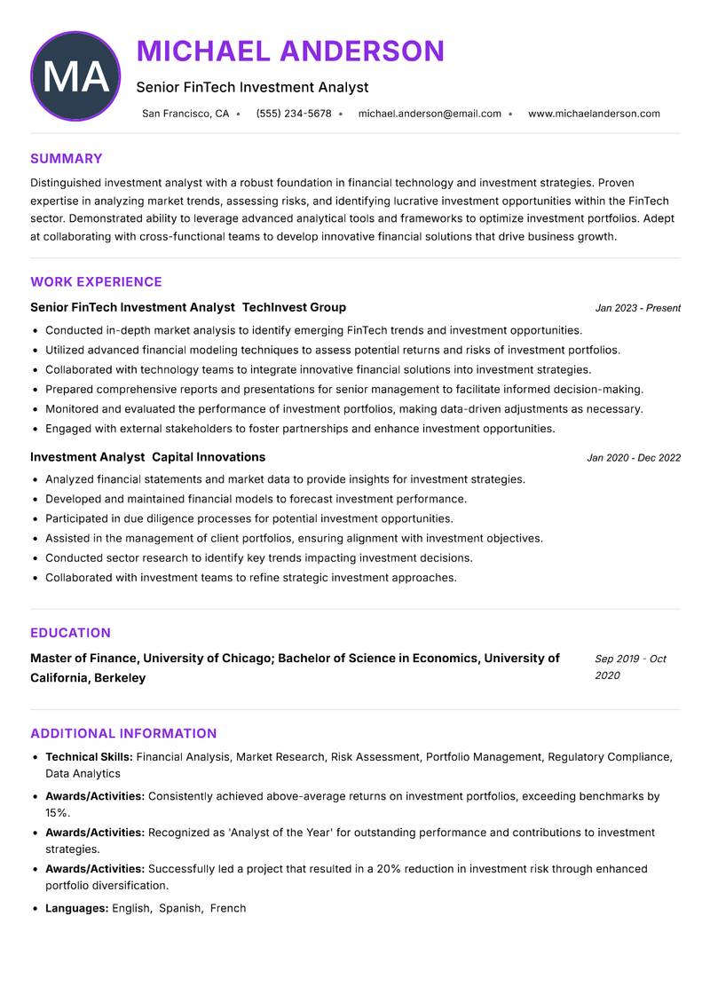 FinTech Investment Analyst Resume Preview Example