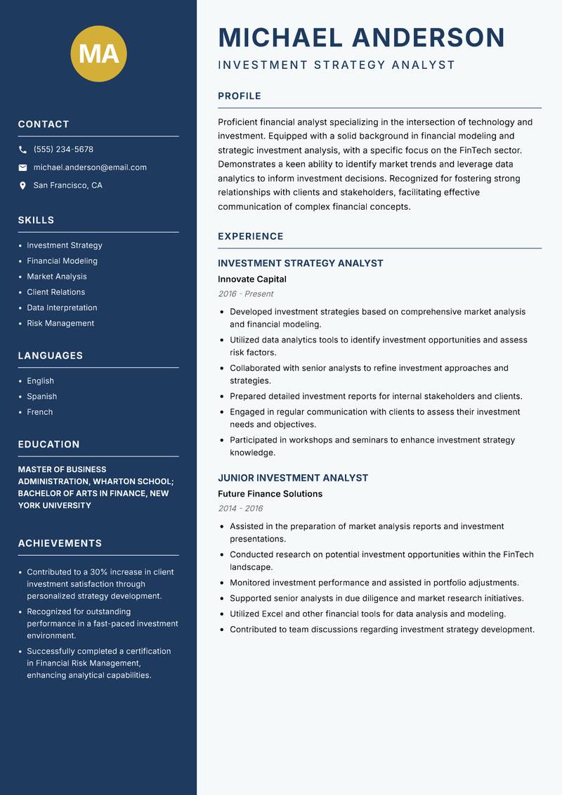 FinTech Investment Analyst Resume Preview Example