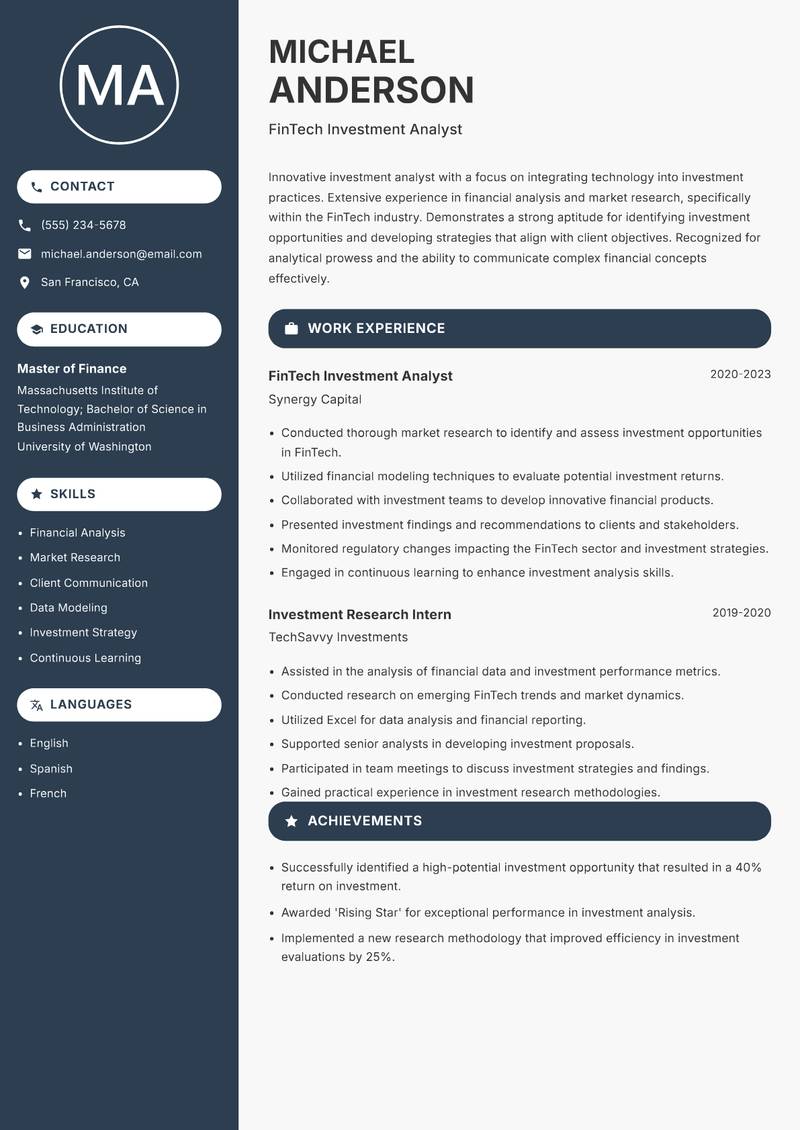 FinTech Investment Analyst Resume Preview Example