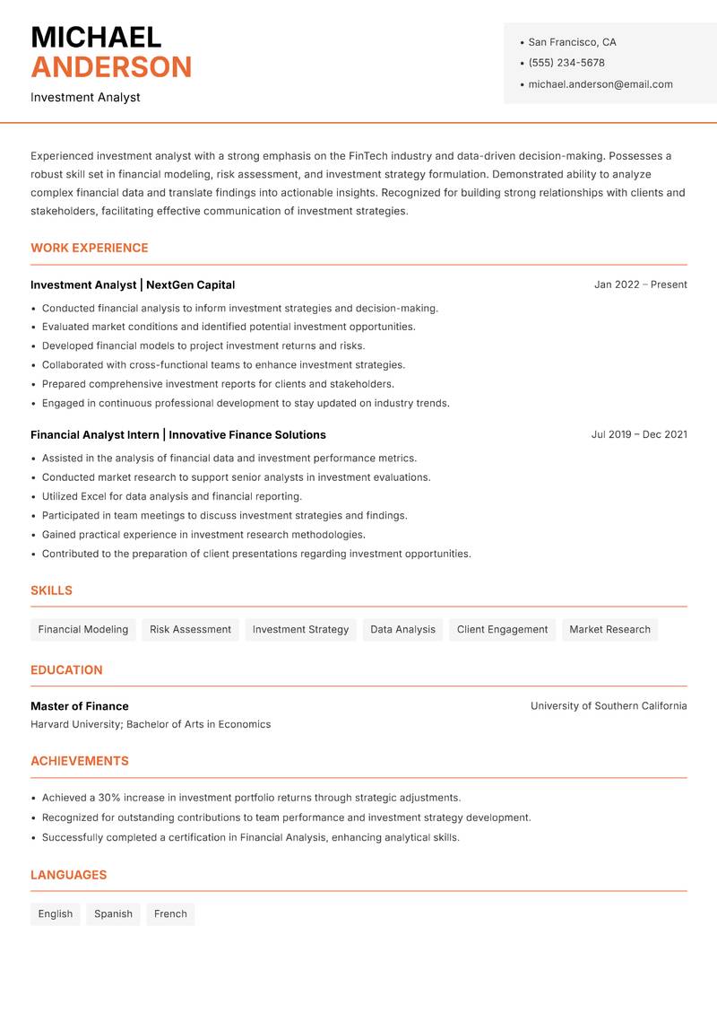 FinTech Investment Analyst Resume Template