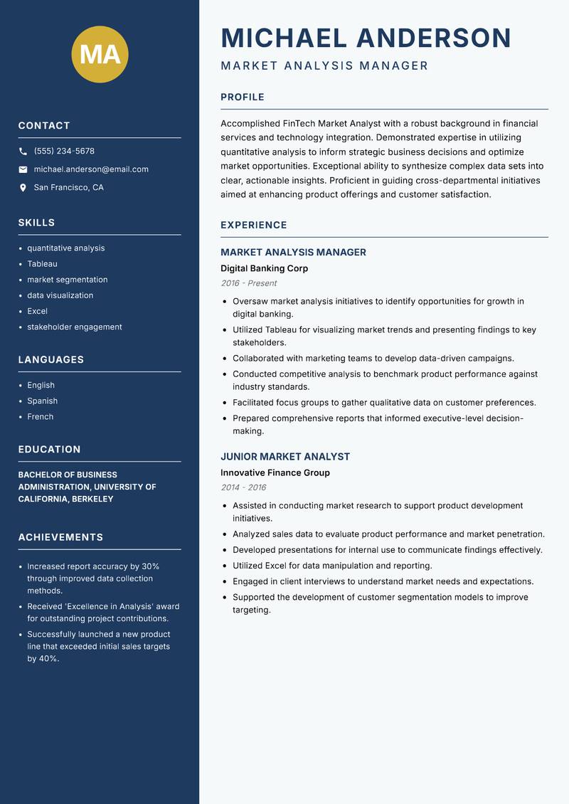 FinTech Market Analyst Resume Preview Example