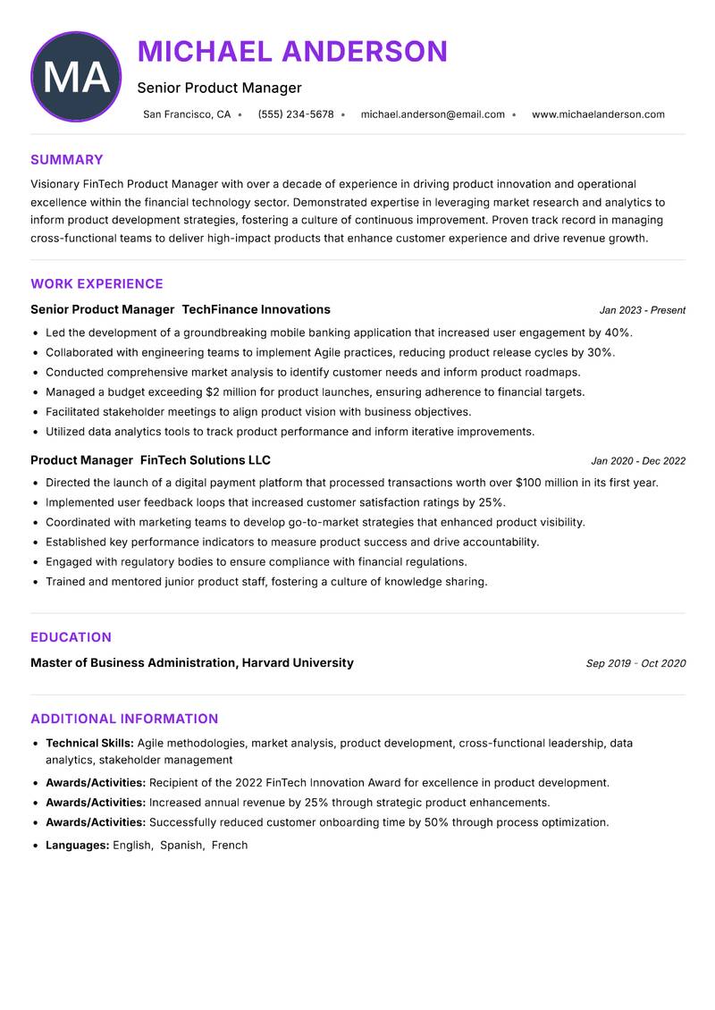 FinTech Product Manager Resume Preview Example