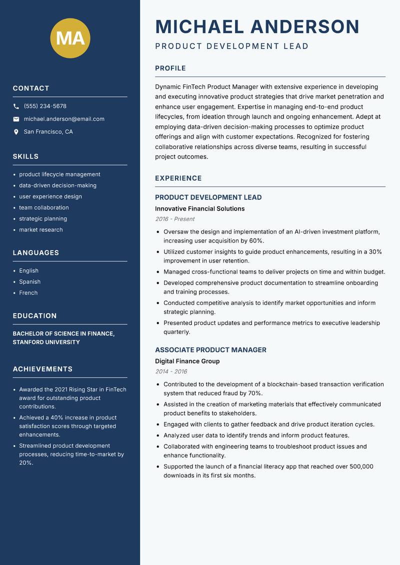 FinTech Product Manager Resume Preview Example