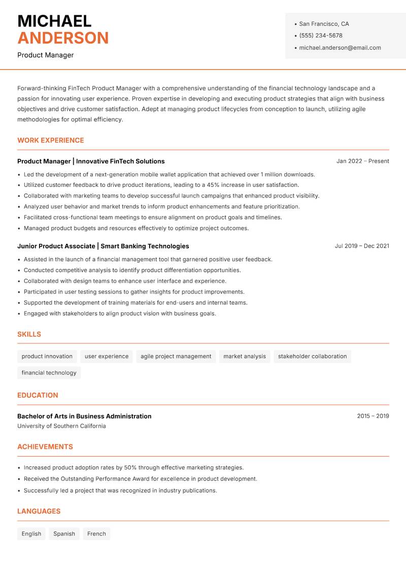 FinTech Product Manager Resume Template
