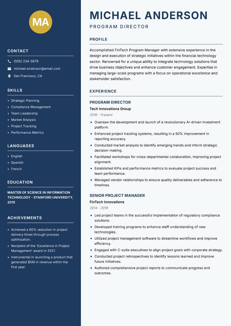 FinTech Program Manager Resume Preview Example
