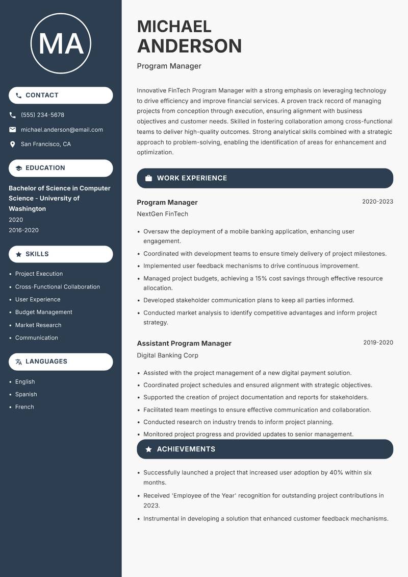 FinTech Program Manager Resume Preview Example