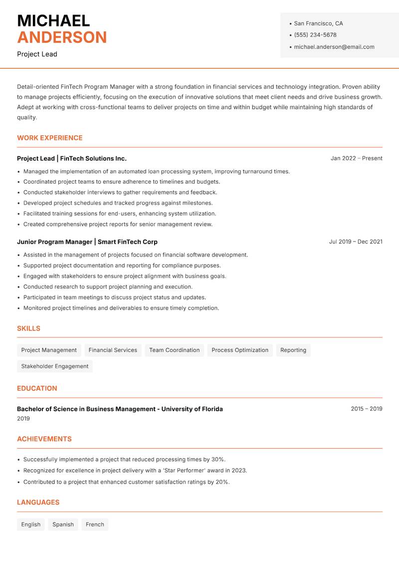 FinTech Program Manager Resume Template
