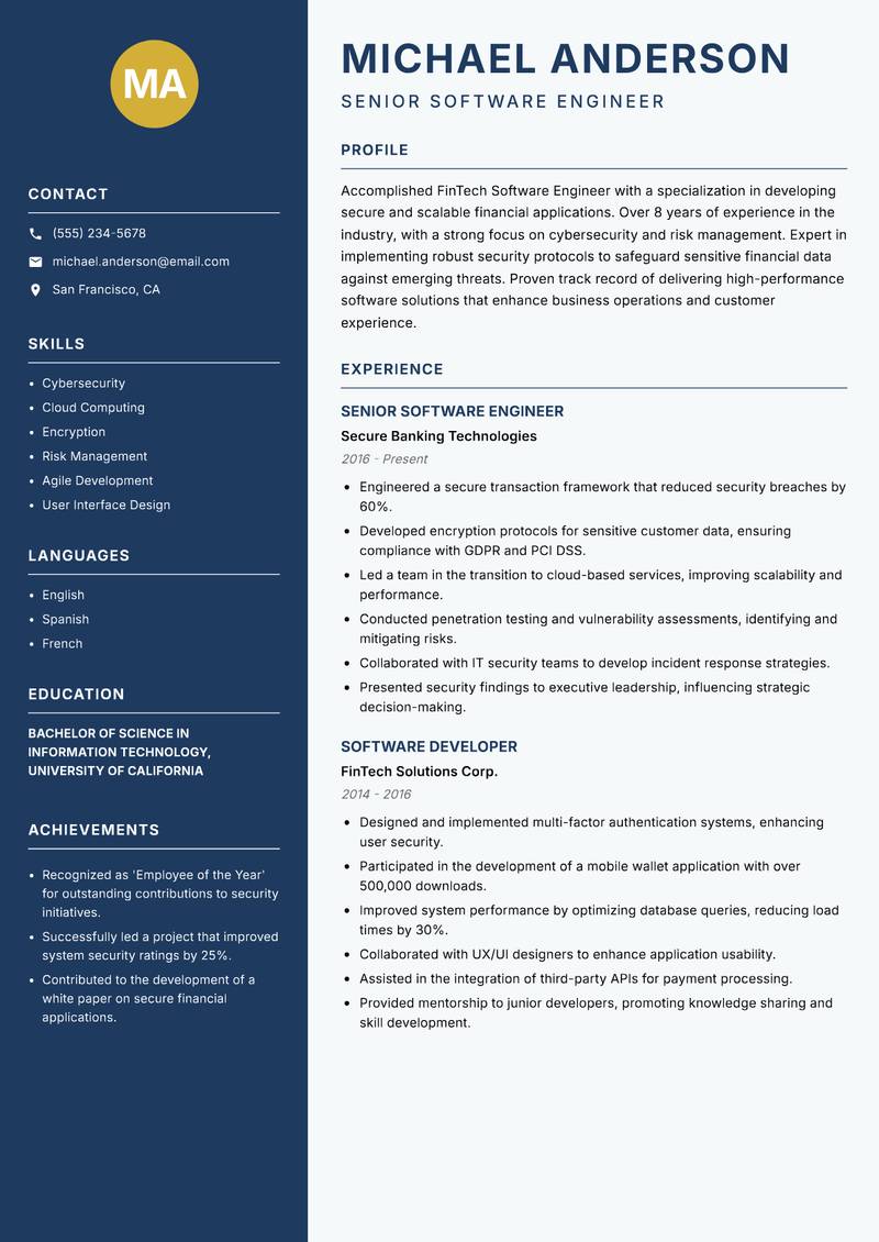 FinTech Software Engineer Resume Preview Example