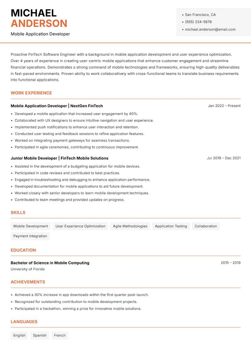 FinTech Software Engineer Resume Template