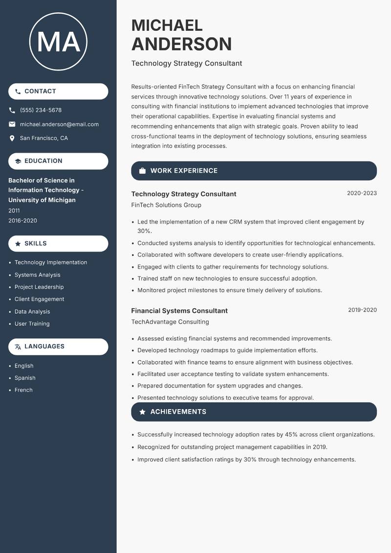 FinTech Strategy Consultant Resume Preview Example