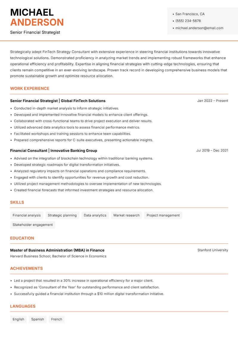 FinTech Strategy Consultant Resume Template