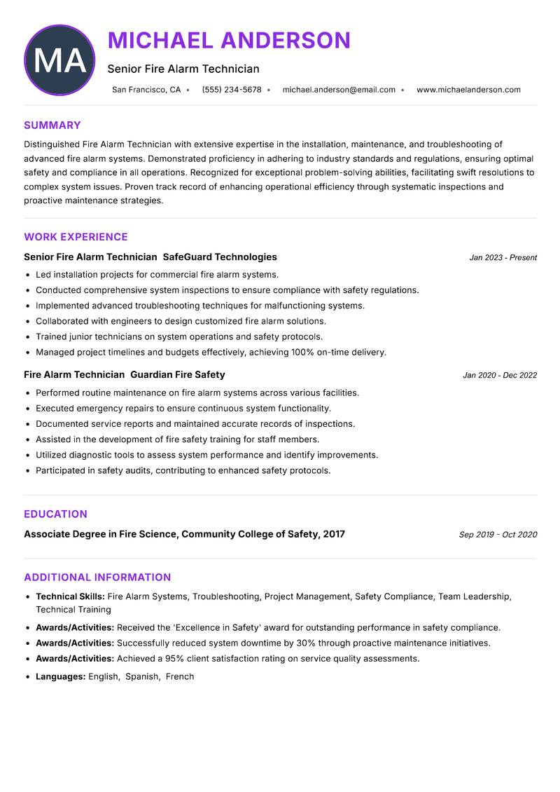 Fire Alarm Technician Resume Preview Example