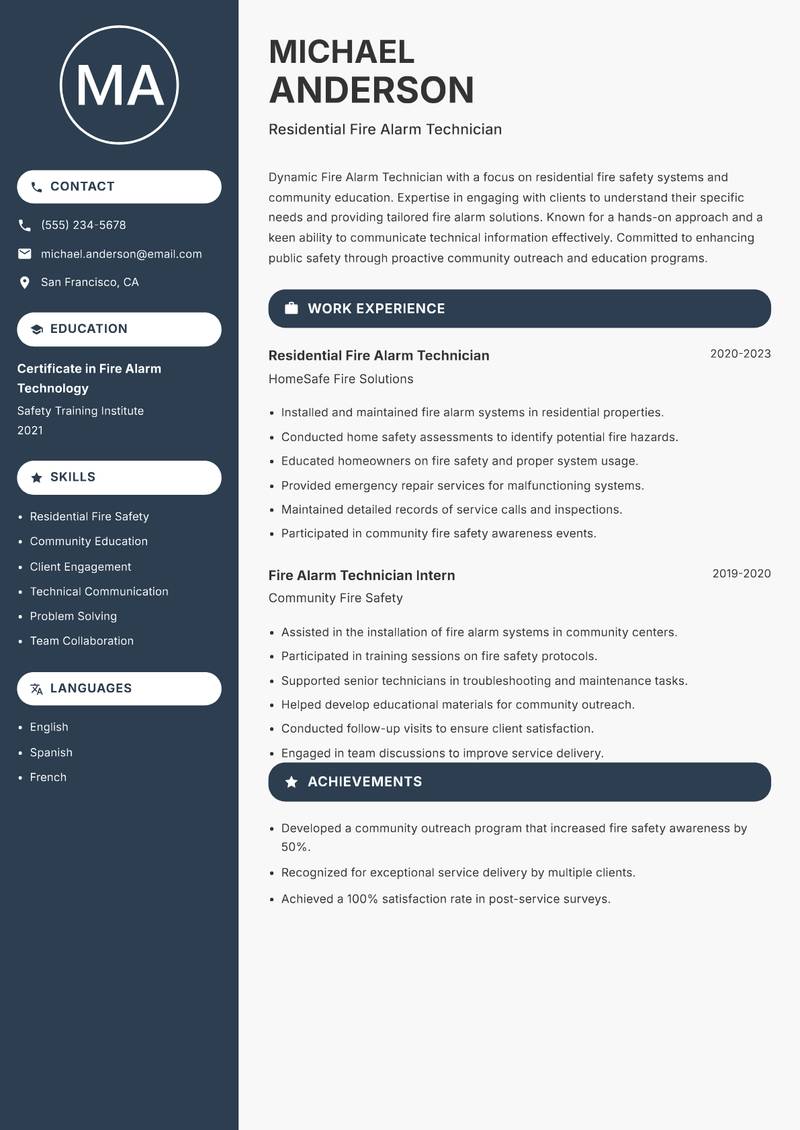 Fire Alarm Technician Resume Preview Example