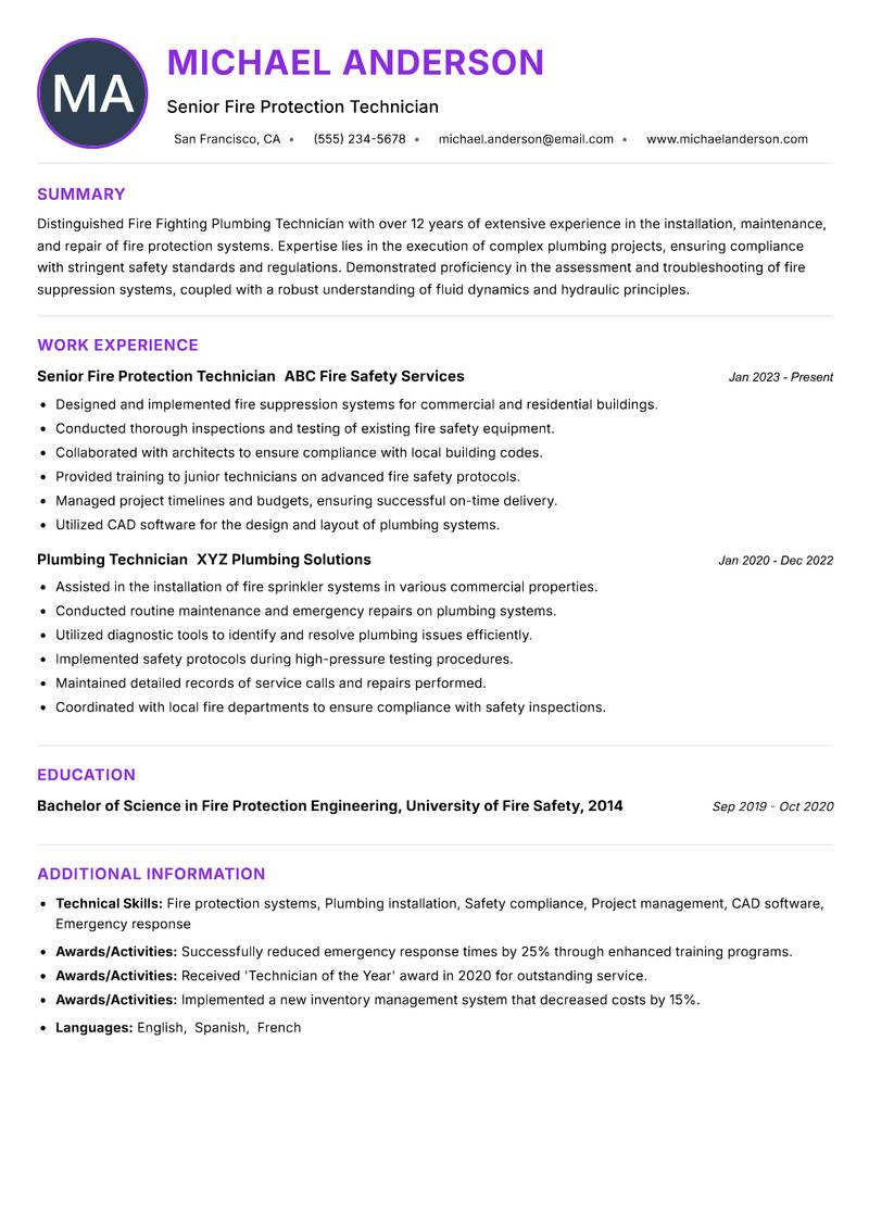 Fire Fighting Plumbing Technician Resume Preview Example