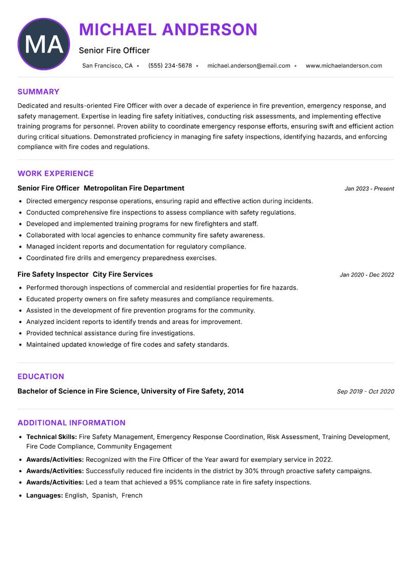 Fire Officer Resume Preview Example