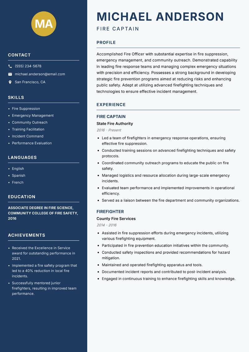 Fire Officer Resume Preview Example