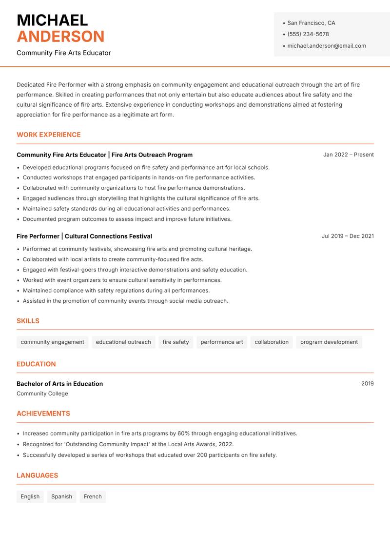 Fire Performer Resume Template