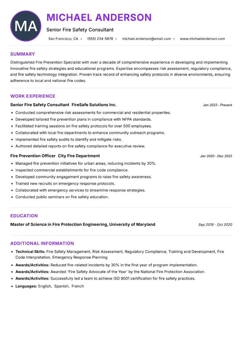 Fire Prevention Specialist Resume Preview Example