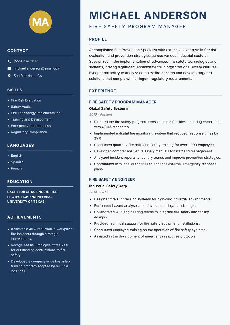 Fire Prevention Specialist Resume Preview Example