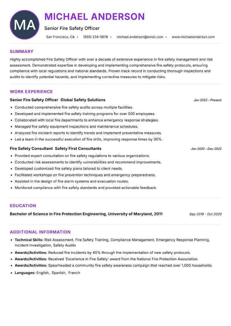 Fire Safety Officer Resume Preview Example