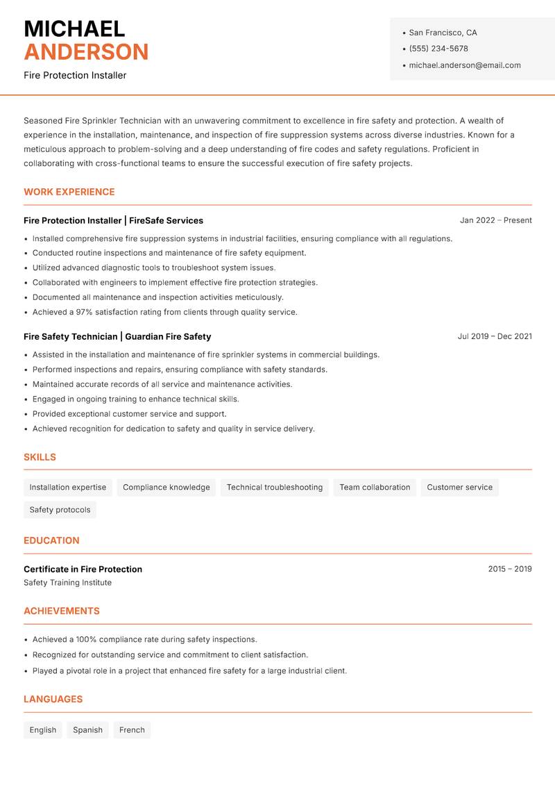 Fire Sprinkler Technician Resume Template