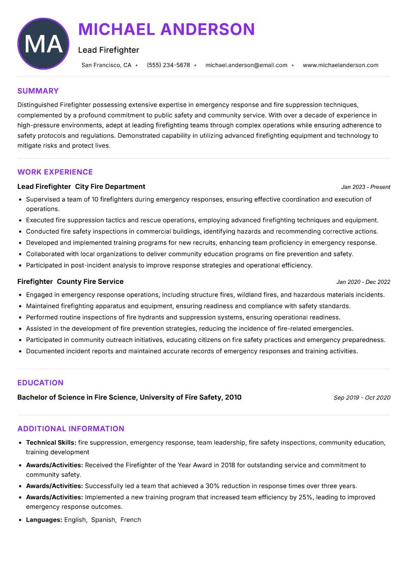 Firefighter Resume Preview Example