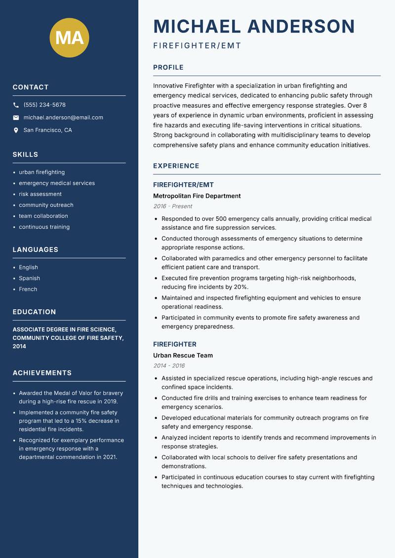 Firefighter Resume Preview Example