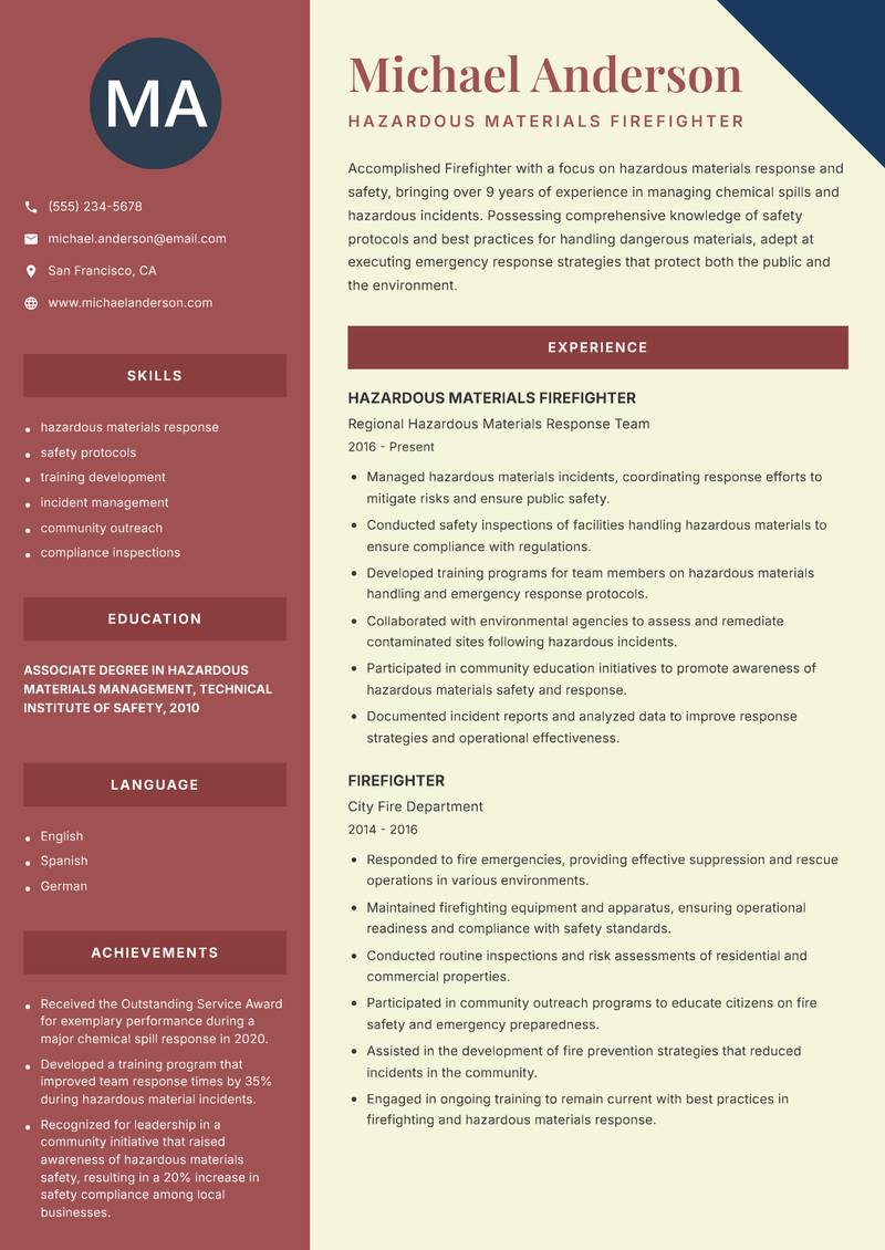 Firefighter Resume Preview Example