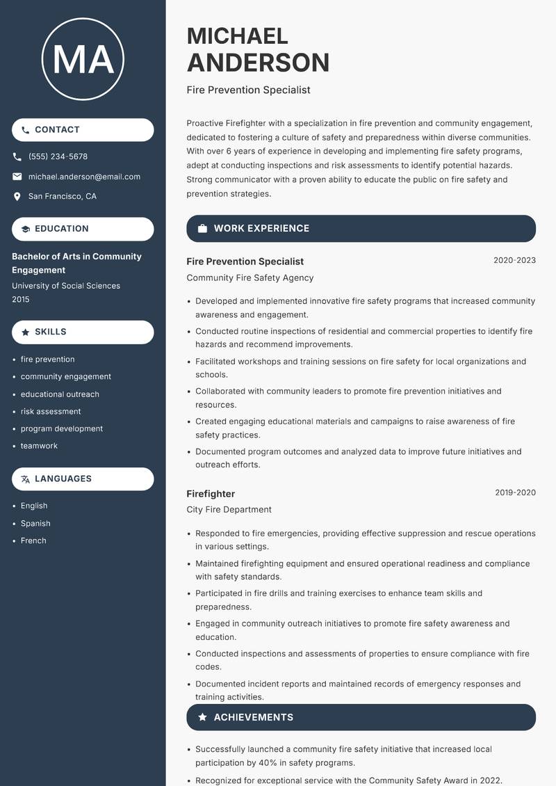 Firefighter Resume Preview Example
