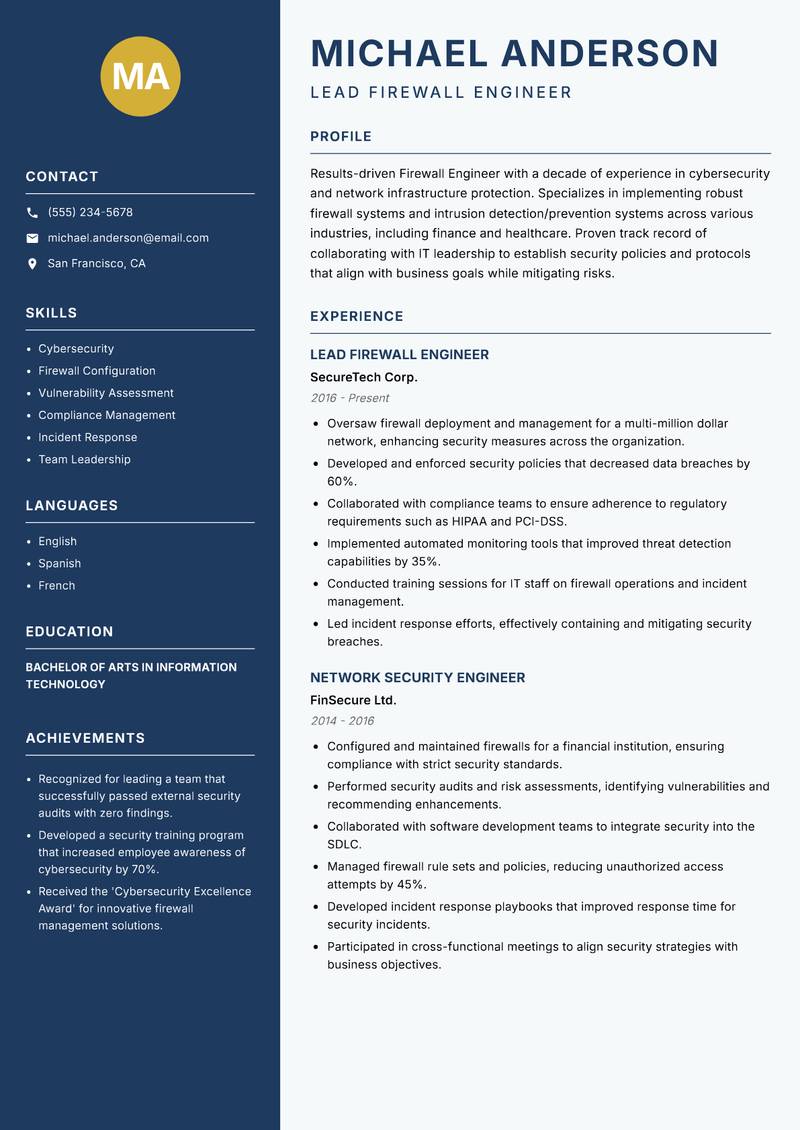 Firewall Engineer Resume Preview Example