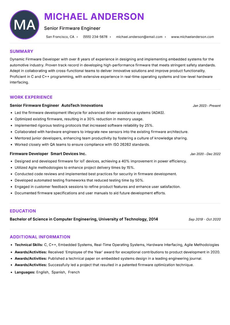 Firmware Developer Resume Preview Example