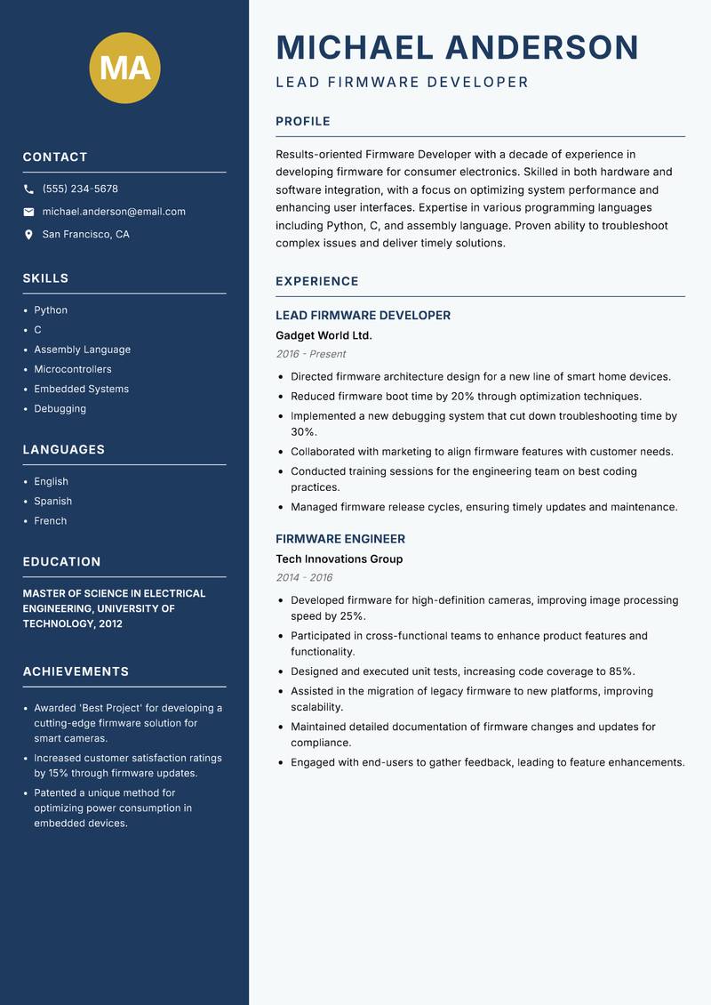 Firmware Developer Resume Preview Example