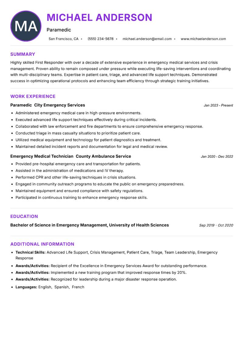 First Responder Resume Preview Example