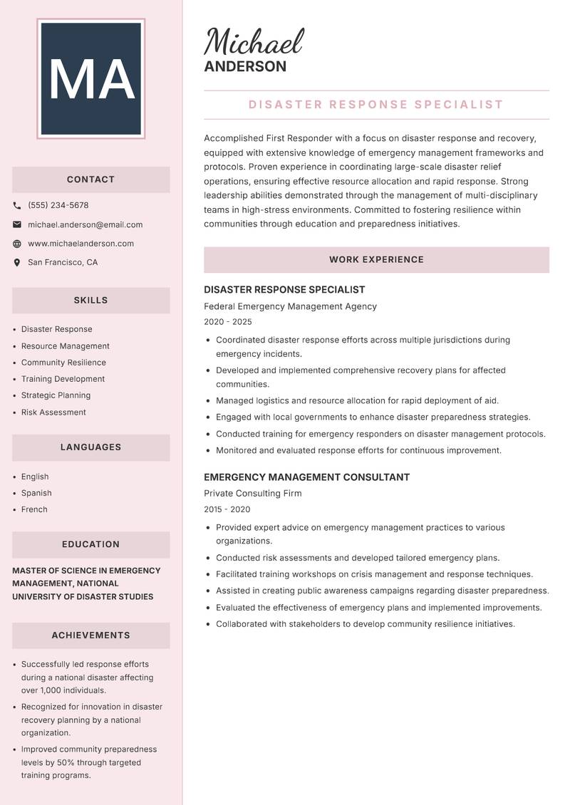 First Responder Resume Preview Example