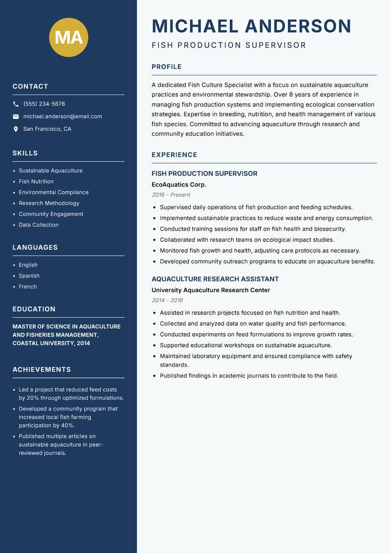 Fish Culture Specialist Resume Preview Example