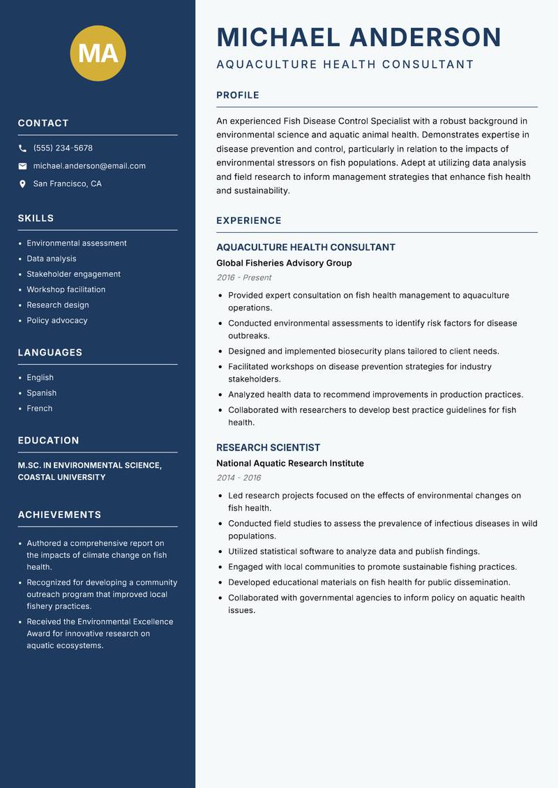 Fish Disease Control Specialist Resume Preview Example