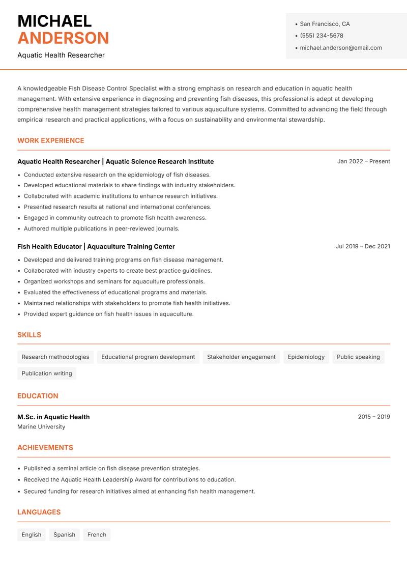 Fish Disease Control Specialist Resume Template