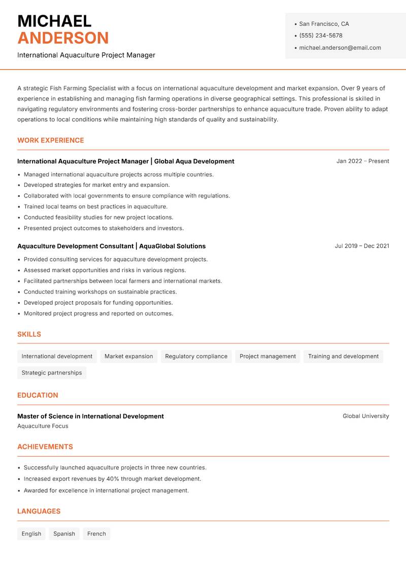 Fish Farming Specialist Resume Template