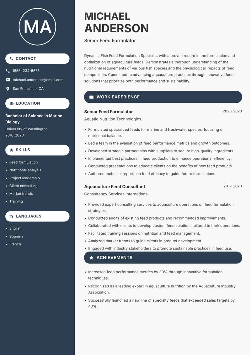 Fish Feed Formulation Specialist Resume Preview Example