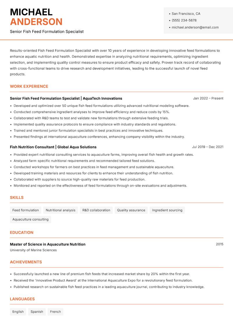 Fish Feed Formulation Specialist Resume Template