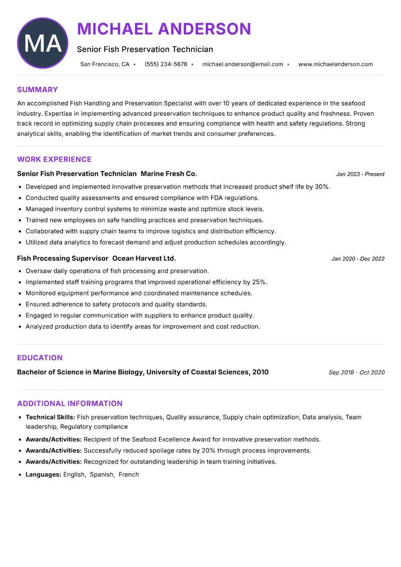 Fish Handling and Preservation Specialist Resume Preview Example