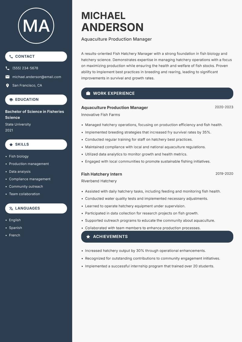 Fish Hatchery Manager Resume Preview Example