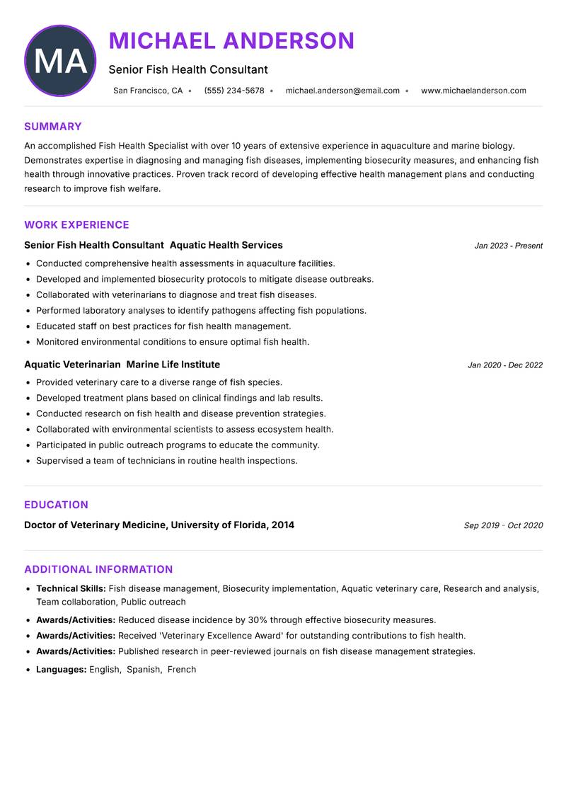 Fish Health Specialist Resume Preview Example