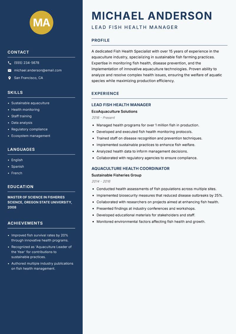 Fish Health Specialist Resume Preview Example