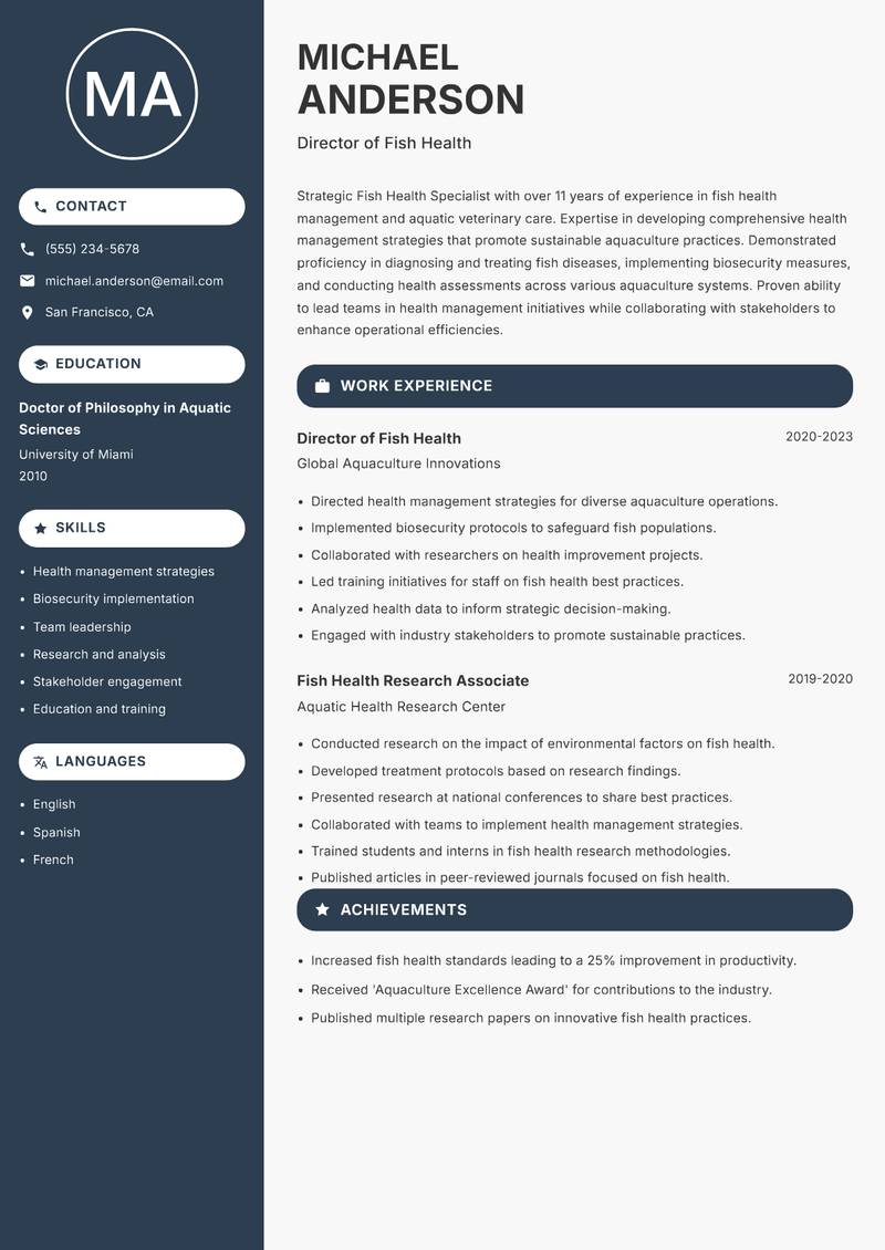 Fish Health Specialist Resume Preview Example
