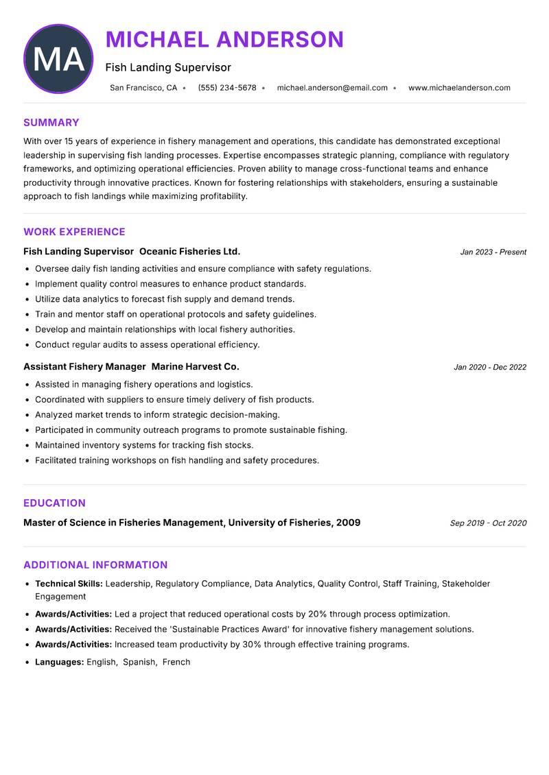 Fish Landing Supervisor Resume Preview Example